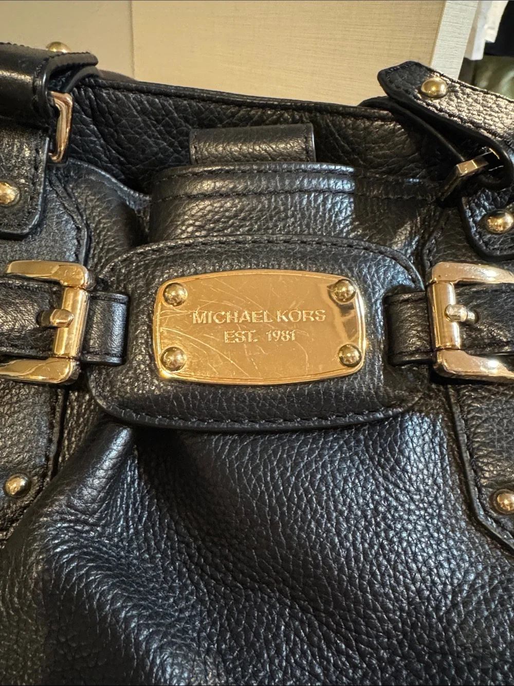 Michael Kors Black Pebbled Leather Shoulder Bag with Gold Hardware